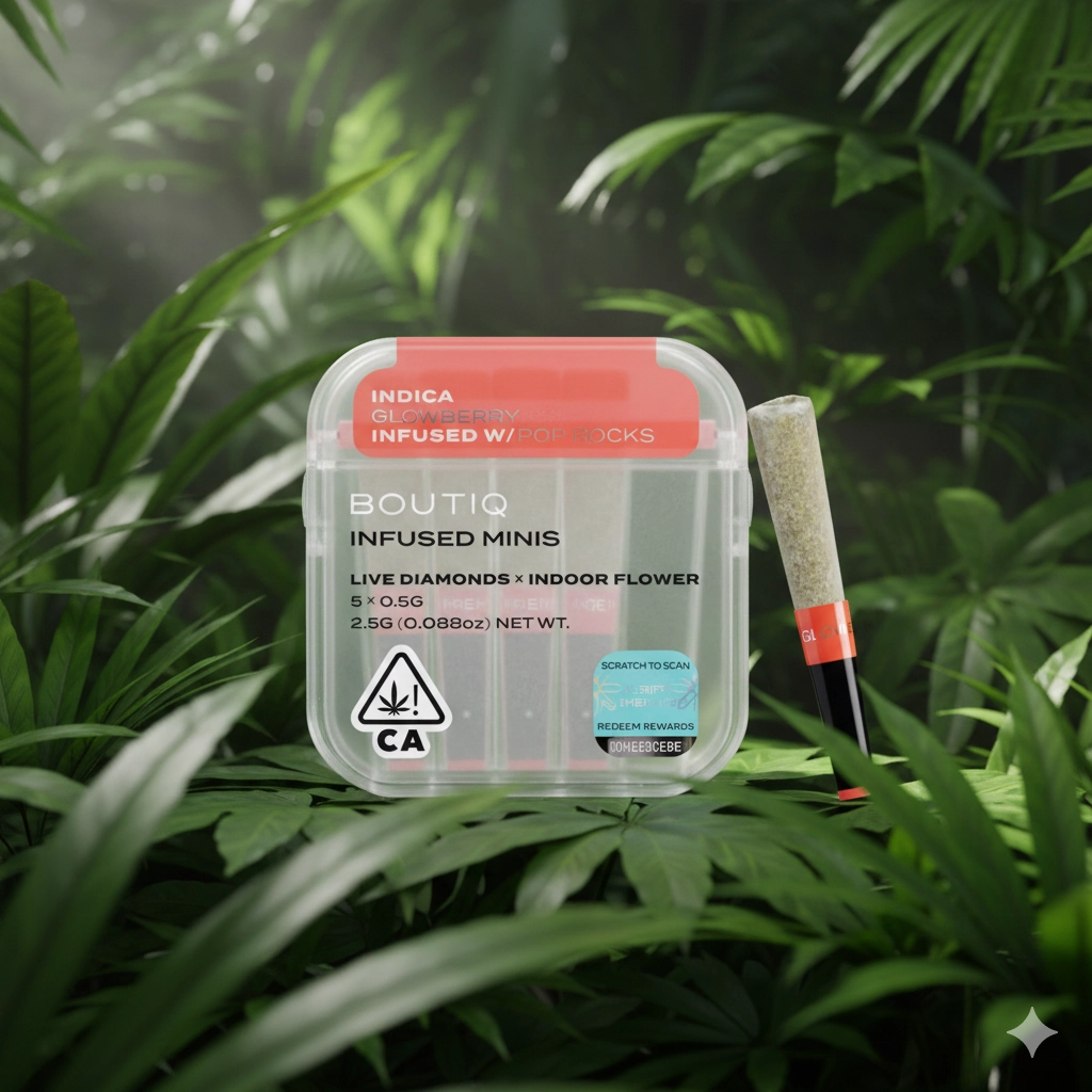 Boutiq Infused Minis Glowberry indica cannabis pre-rolls package in a lush tropical jungle setting with green leaves and soft sunlight.