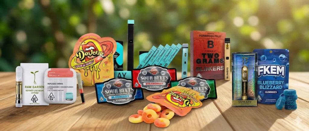 Professional composite hero image featuring top-tier cannabis brands and products including Raw Garden refined live resin, Devour sour rings, and Blinkers disposable devices. Ideal for dispensary landing pages and online product catalogs.