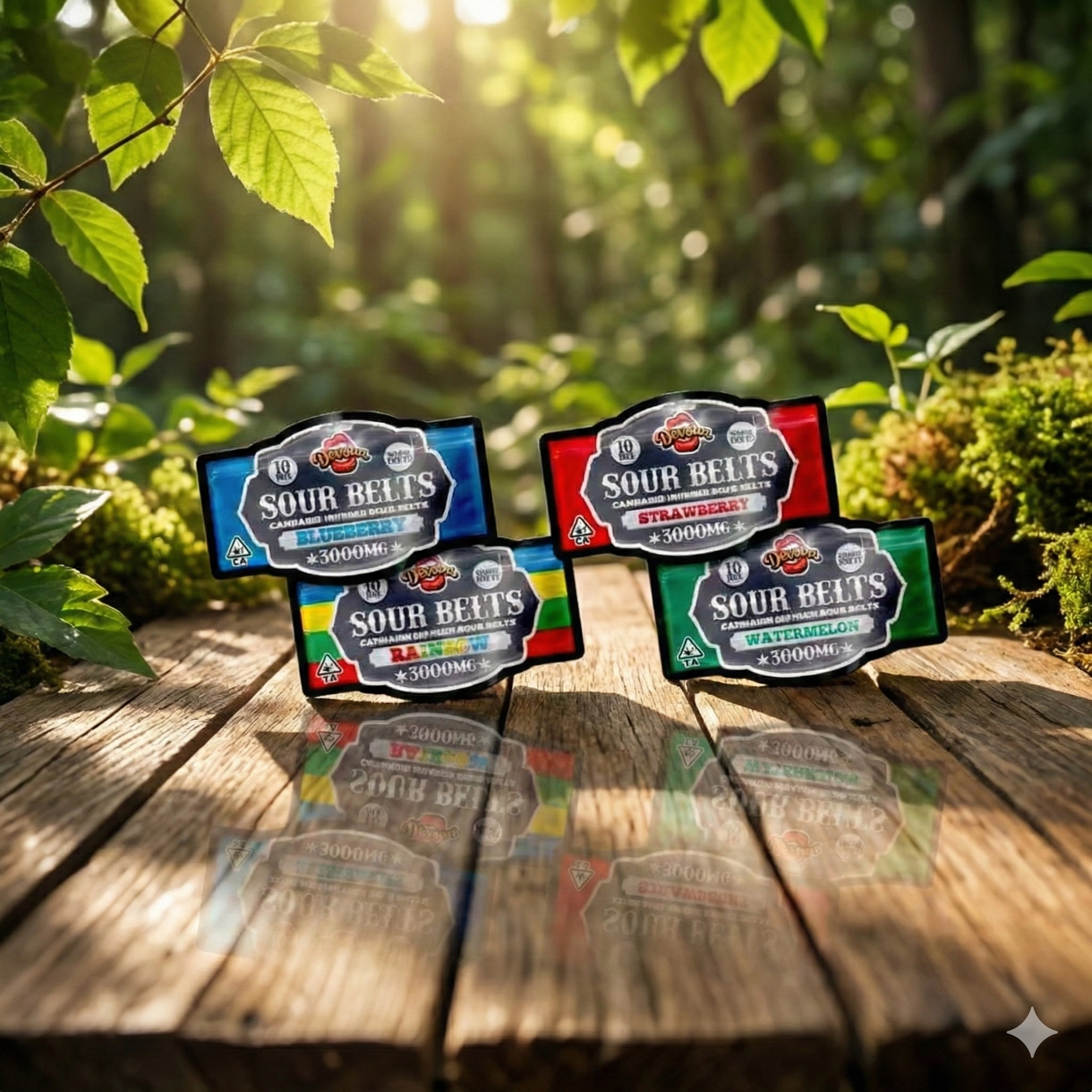 Devour Sour Belts cannabis-infused gummies in blueberry, strawberry, rainbow, and watermelon varieties, arranged on a rustic wooden surface with reflections in a sunlit forest setting.